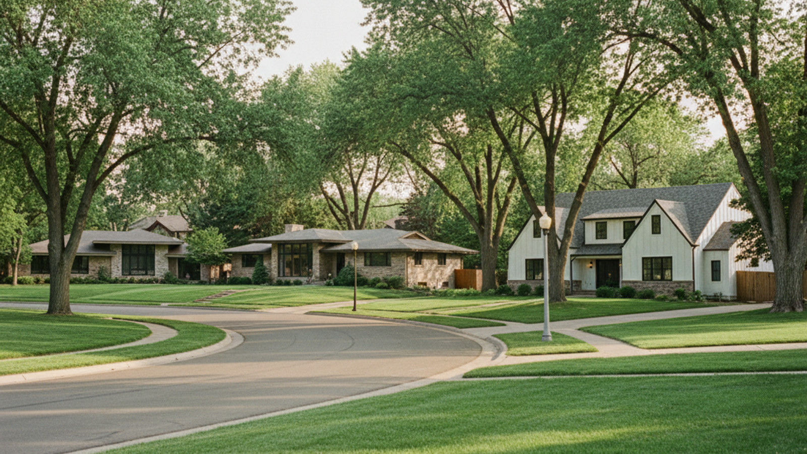 Modern estate homes on a tree-lined street in the Crestmoor neighborhood of Denver, Colorado