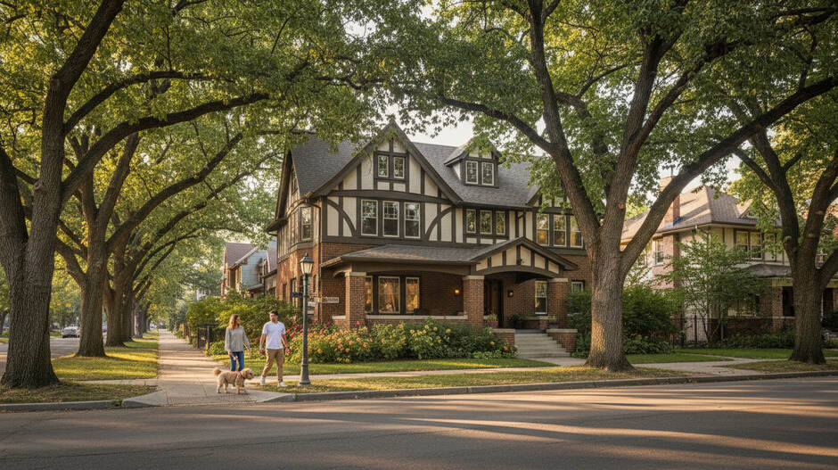 Tudor brick home with half-timbering on a tree-lined street in the Park Hill neighborhood of Denver, Colorado