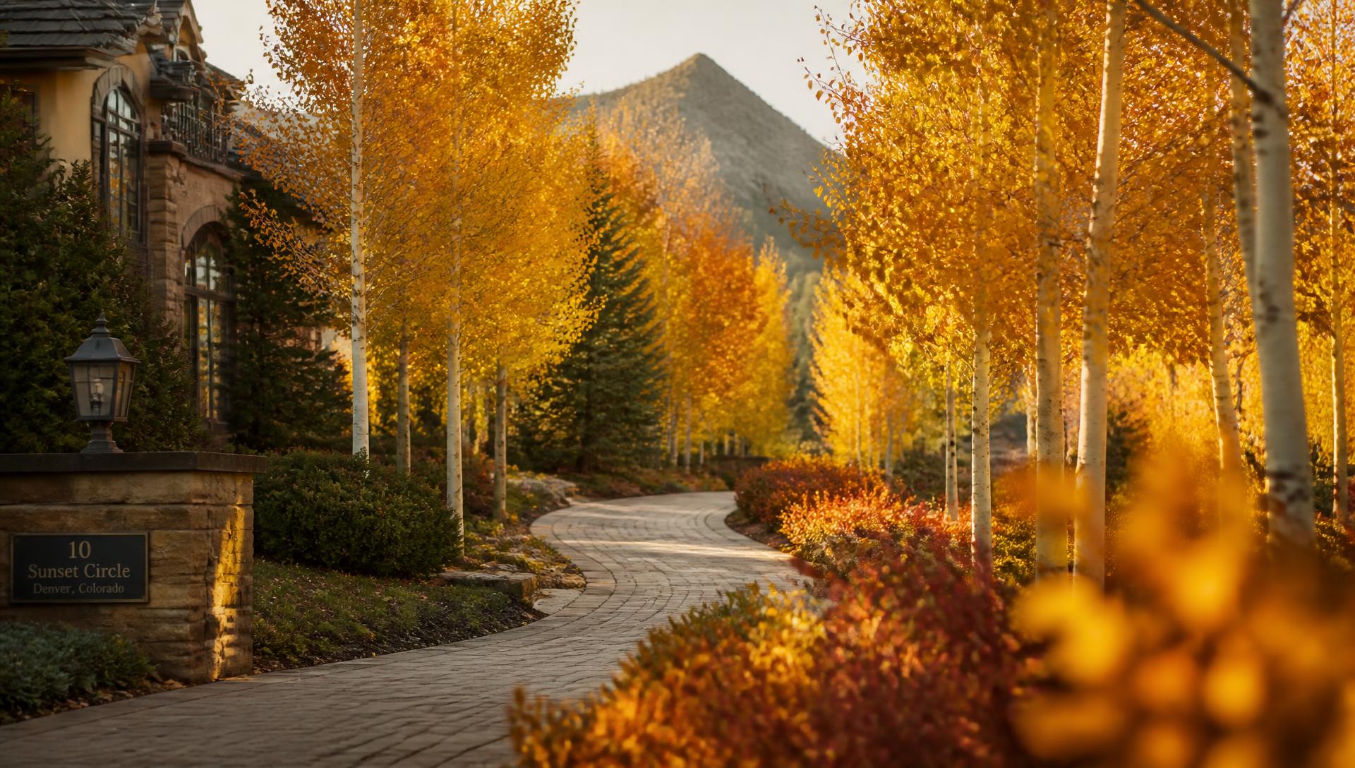 Golden aspen trees lining a Colorado luxury neighborhood driveway in autumn