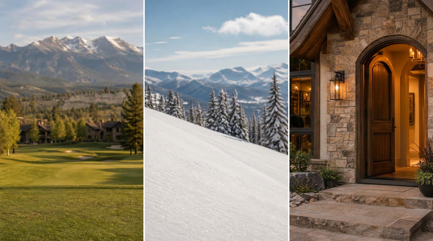 Colorado golf course, ski slope, and luxury home entrance
