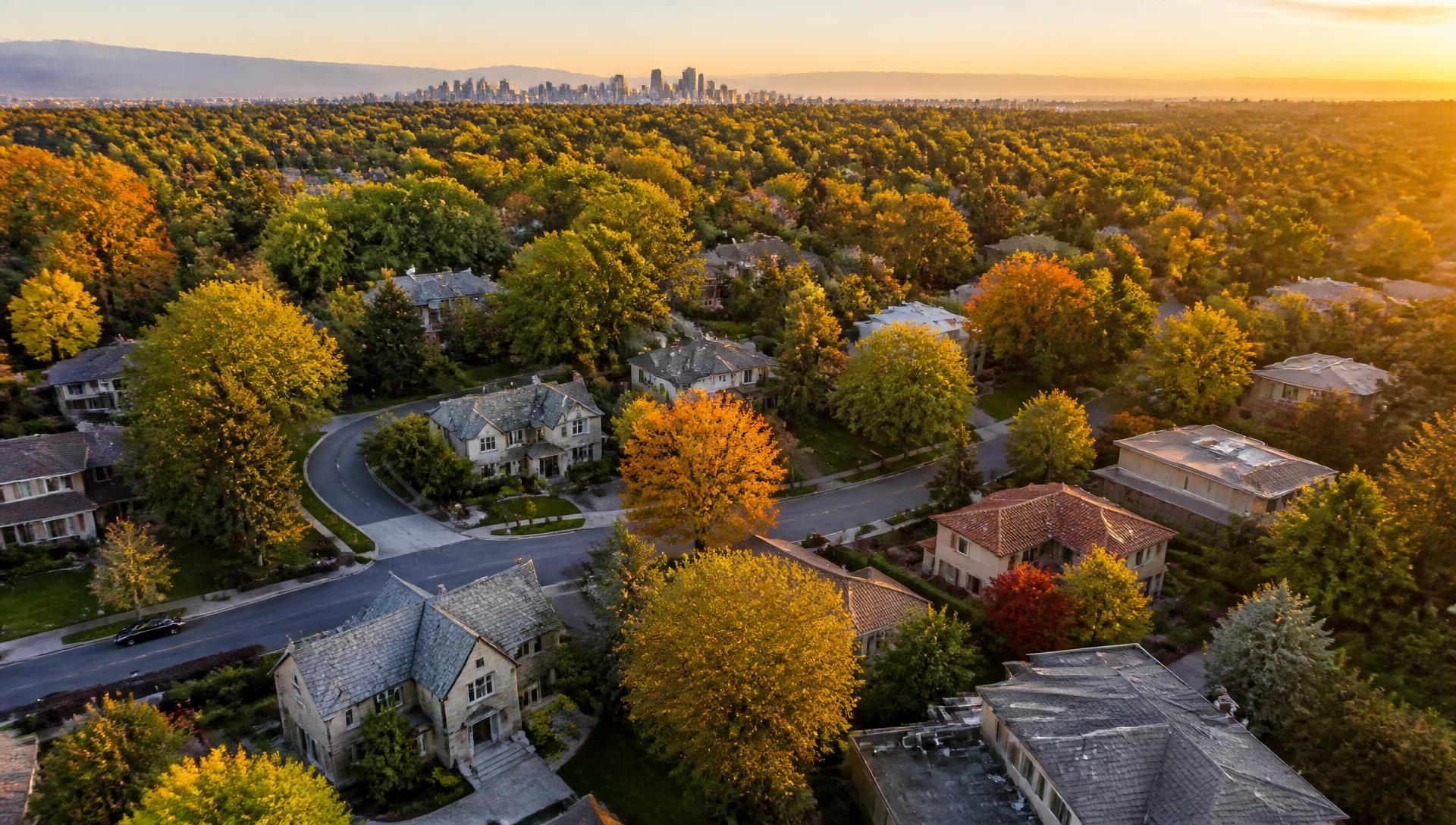 Aerial view of Hilltop Denver neighborhood at sunset