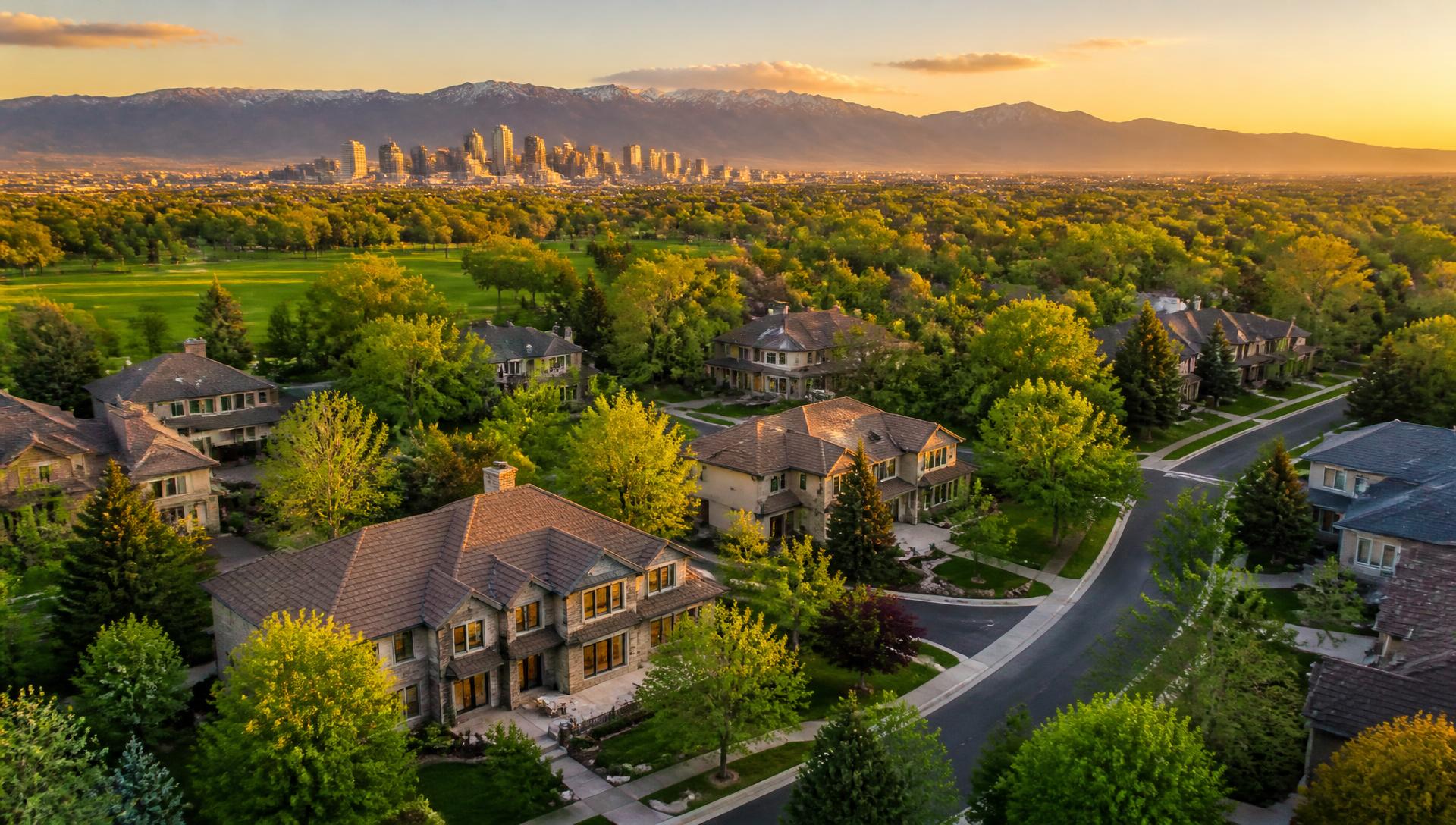 Aerial view of a family-friendly Denver neighborhood with parks and mountains