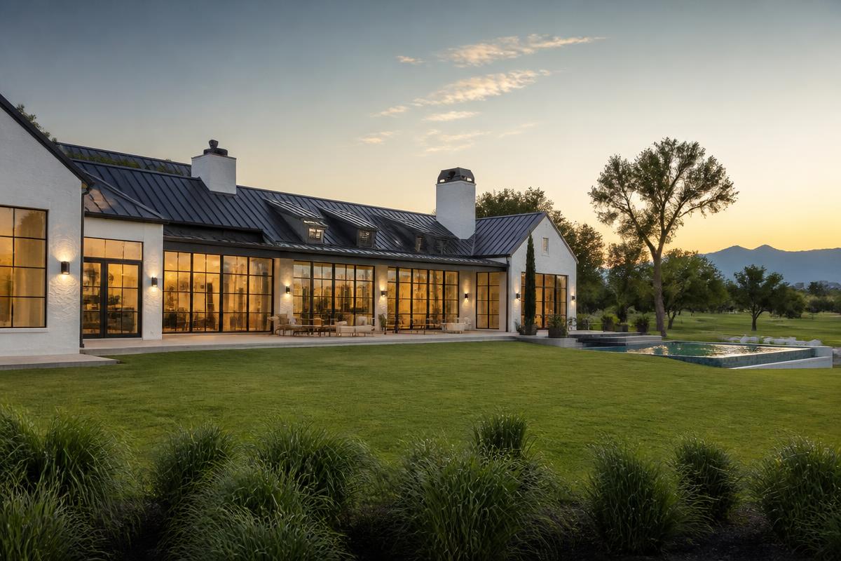 Sprawling modern farmhouse estate overlooking a golf course