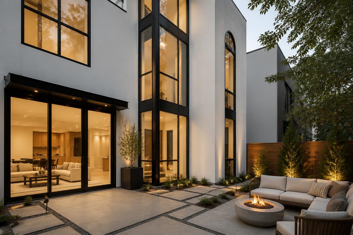 Contemporary white townhome courtyard in Cherry Creek