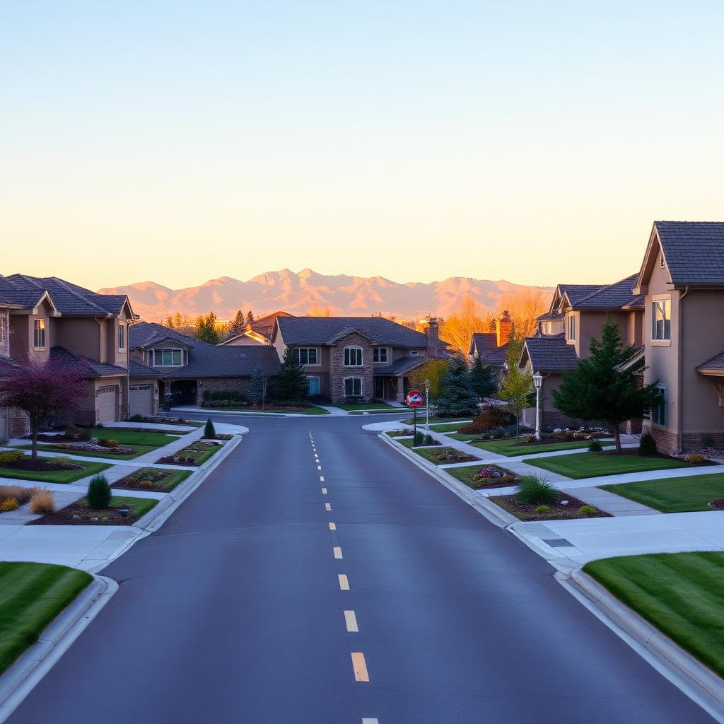 Upscale residential street in Centennial, Colorado with manicured lawns and mountain views