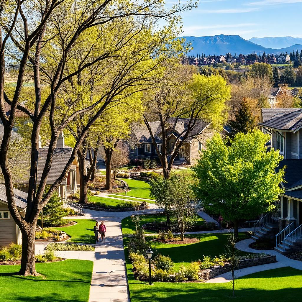 Modern craftsman homes and a green park in the Central Park neighborhood of Denver, Colorado