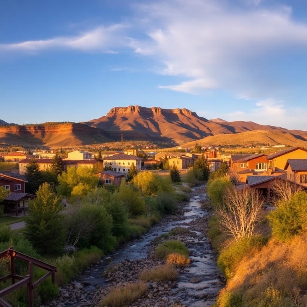 Golden, Colorado with Table Mountain in the background and Clear Creek running through town