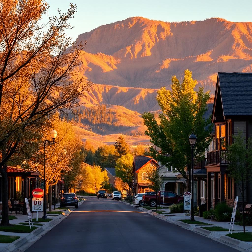 Charming residential street in Louisville, Colorado with the foothills in the background at golden hour